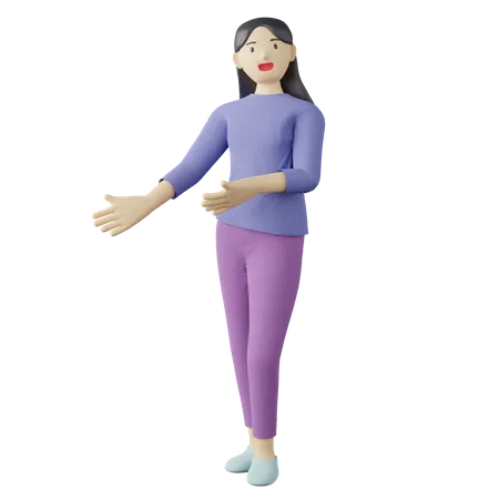 Mujer casual dando la bienvenida a pose  3D Illustration