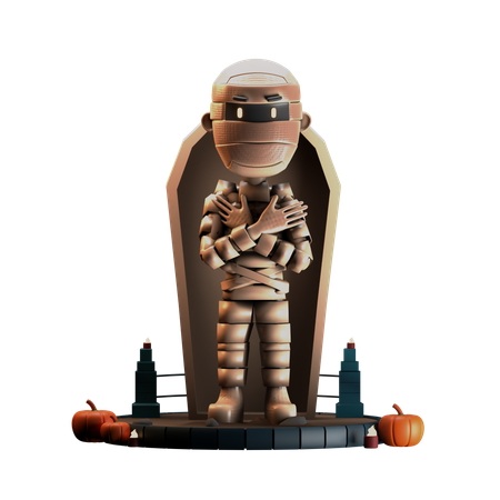 Momia con brazos cruzados posando en ataúd  3D Illustration