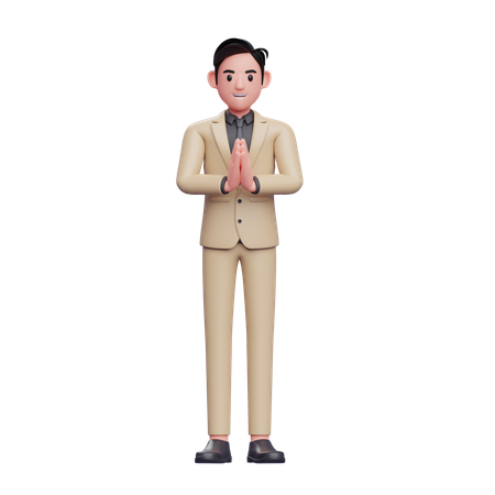 Positive Young Businessman greeting with Namaste gesture 3D Illustration