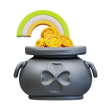 Pot avec des pièces d'or de trèfle et arc-en-ciel  3D Icon