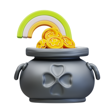 Pot With Clover Gold Coins And Rainbow  3D Icon
