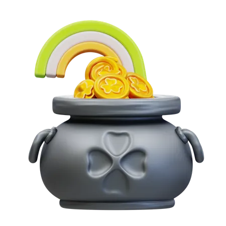 3 D Illustration Pot With Clover Gold Coins And Rainbow 3D Icon