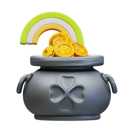 Pot With Clover Gold Coins And Rainbow  3D Icon