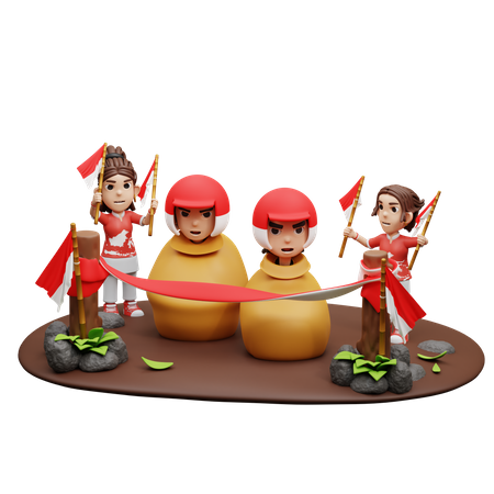 Povo indonésio jogando corrida de saco com capacete  3D Icon