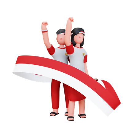 Pessoas indonésias segurando bandeira indonésia  3D Illustration