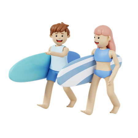 Casal segurando prancha de surf  3D Illustration