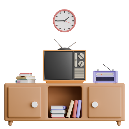 Prateleira de tv com rádio e livros interior  3D Icon