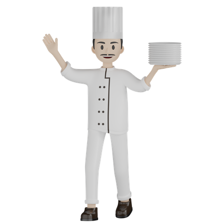 Chef masculino segurando pratos  3D Illustration