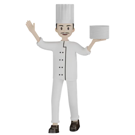 Chef masculino segurando pratos  3D Illustration