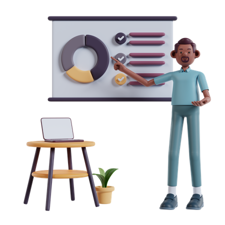 Homme faisant une présentation sur un tableau blanc expliquant les données marketing  3D Illustration