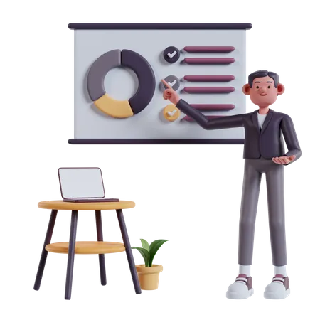 Homme faisant une présentation sur un tableau blanc  3D Illustration