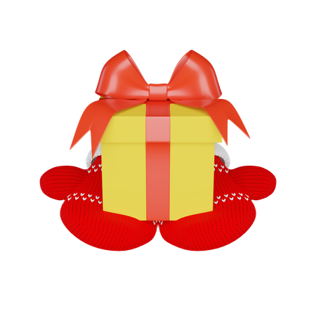 Presente em uma caixa amarela decorada com uma fita vermelha e um laço em luvas vermelhas de malha  3D Icon