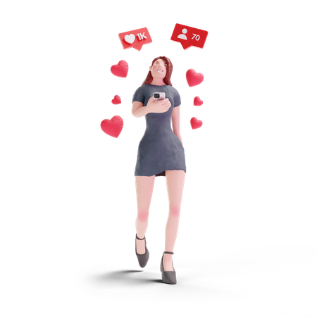 Pretty woman in dress getting likes and follow on social media 3D Illustration