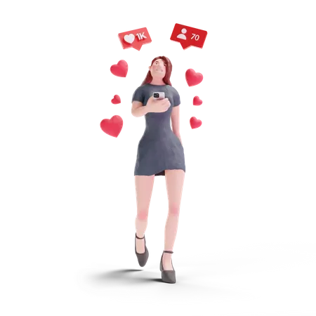 Pretty woman in dress getting likes and follow on social media  3D Illustration
