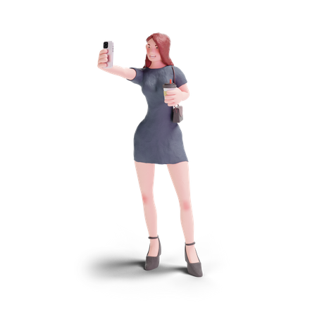 Pretty woman in dress selfie with coffee  3D Illustration