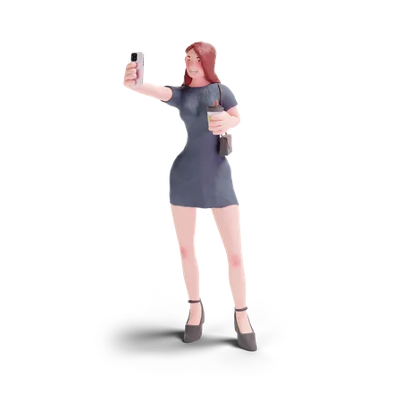 Pretty woman in dress selfie with coffee  3D Illustration