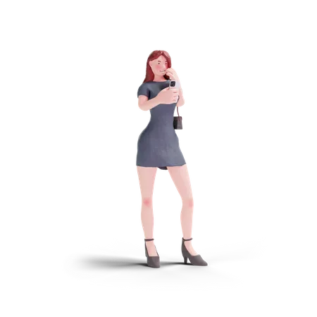 Pretty woman in dress using phone  3D Illustration