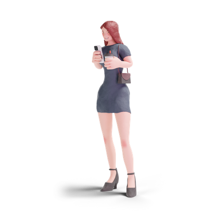 Pretty woman in dress using phone with coffee  3D Icon