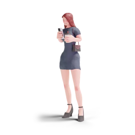 Pretty woman in dress using phone with coffee  3D Illustration