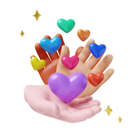 Pride Hands Showcasing Colorful Hearts  3D Icon