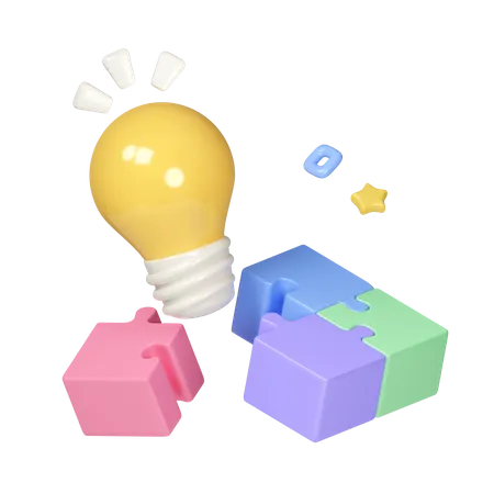 Colored Puzzle Jigsaw Cube Model With Light Bulb On Pastel Background Teamwork Business Group Symbol Concept Icon Isolated On Pastel Background Icon Symbol Clipping Path 3 D Render Illustration 3D Icon