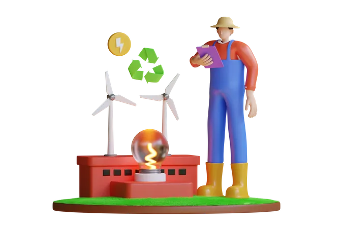 Produção de energia eólica  3D Illustration