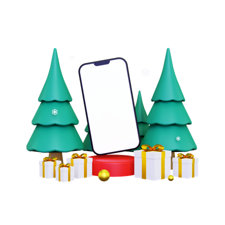Product display podium scene with smartphone for christmas 3D Illustration
