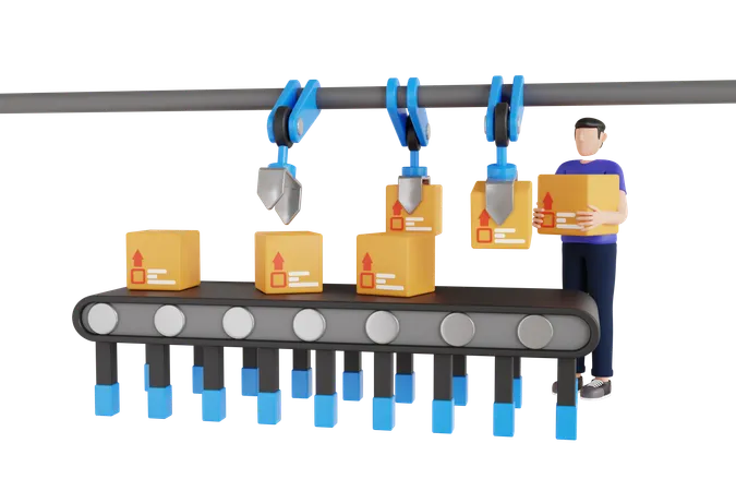 Cardboard Boxes On Conveyor Belt In Factory 3 D Illustration 3 D Illustration Of Box On Automatic Mechanical Packing Conveyor Line 3D Illustration