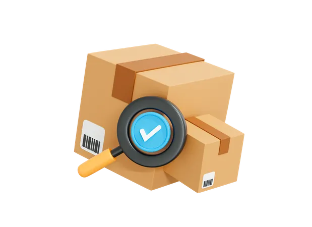 3 D Tracking Parcel In Cardboard Box Order Delivery Confirmation Track The Parcel Concept Magnifying Glass With Check Mark Cartoon Creative Design Icon Isolated On White Background 3 D Rendering 3D Icon