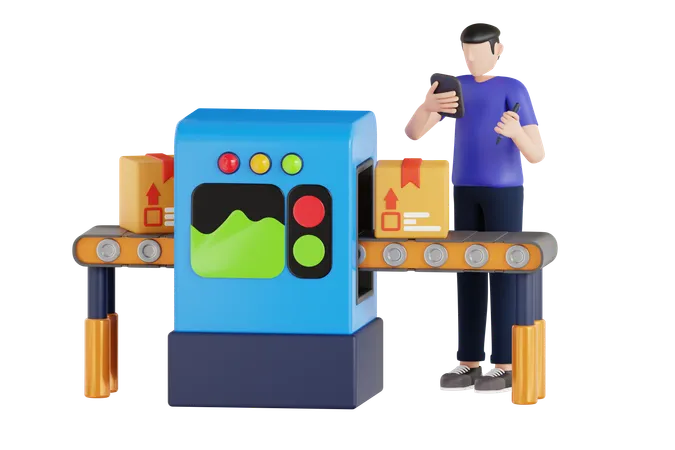 3 D Illustration Of Man Using Tablet Checking The Parcel On Conveyor Distribution Warehouse And Parcels Transportation System 3 D Illustration 3D Illustration