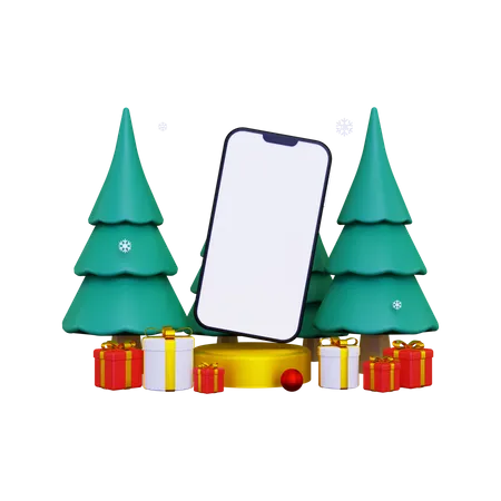 Produktpräsentationspodestszene mit Smartphone zu Weihnachten  3D Illustration