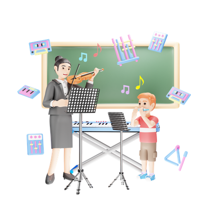 El profesor está enseñando música a los estudiantes.  3D Illustration