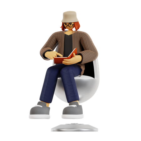 Profesor leyendo un libro mientras está sentado en un sillón  3D Illustration