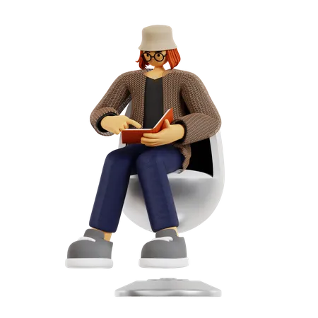 Profesor leyendo un libro mientras está sentado en un sillón  3D Illustration