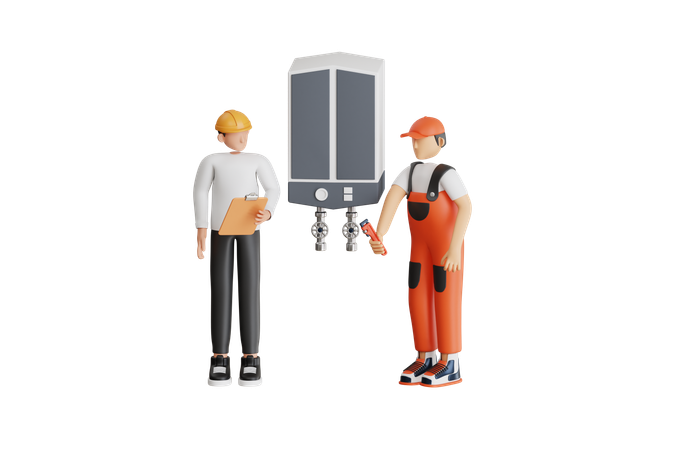 Professional Engineer Repairing Boiler  3D Illustration