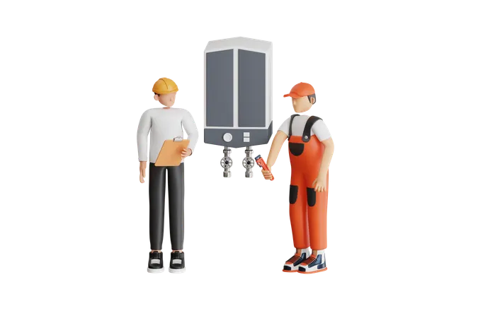 Professional Engineer Repairing Boiler  3D Illustration