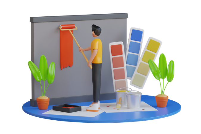 Professional painter painting a wall  3D Illustration