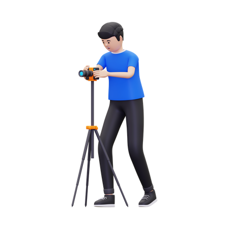 Professional photographer is taking pictures using camera tripod  3D Illustration