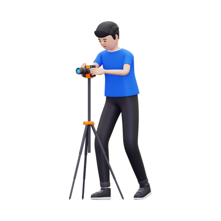 Professional photographer is taking pictures using camera tripod  3D Illustration