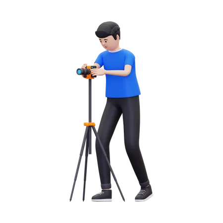 Professional photographer is taking pictures using camera tripod  3D Illustration
