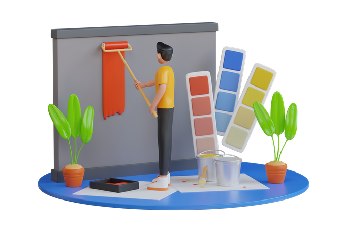 Professioneller Maler beim Streichen einer Wand  3D Illustration