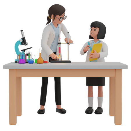 Professor e menina registram resultados de experimento  3D Illustration