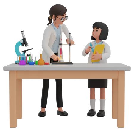 Professor e menina registram resultados de experimento  3D Illustration