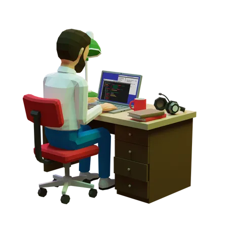 El Hombre De Baja Poli En La Mesa Trabaja Con Una Computadora Portatil Programador Independiente Trabajando En La Computadora 3D Illustration