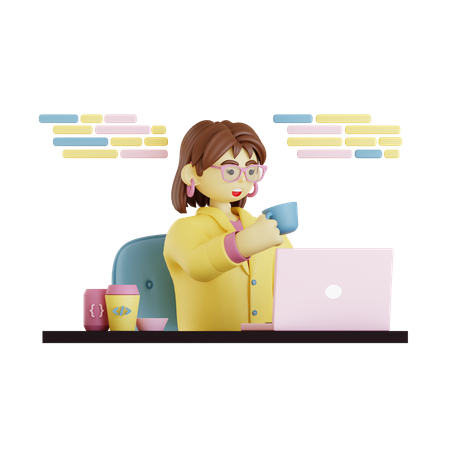 Programando mulher relaxando no local de trabalho  3D Illustration