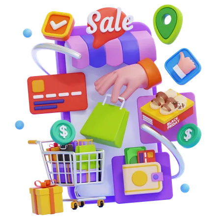 Promoción de venta de compras móviles  3D Illustration