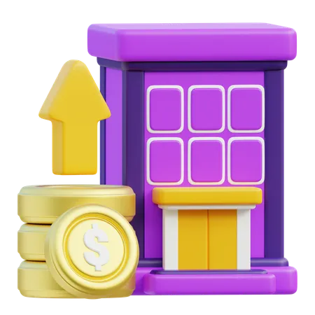 3 D Rendered Image Features A Classical Columned Structure In Purple With A Rising Arrow And Stacks Of Gold Dollar Coins Symbolizing The Stability And Upward Trend In Property Investments 3D Icon
