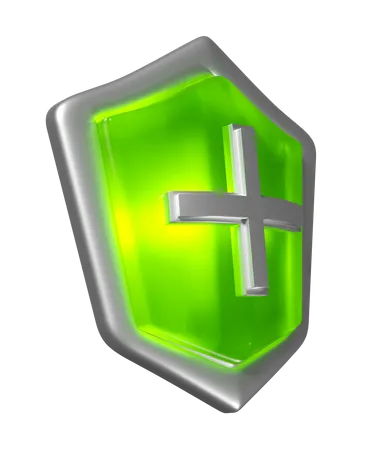 Icone 3 D Para Protecao De Saude Escudo Verde Com Cruz Protecao Contra Bacterias Defesa Anti Germe Seguro De Saude Simbolo De Escudo De Metal Protegido De Saude Isolado 3D Icon