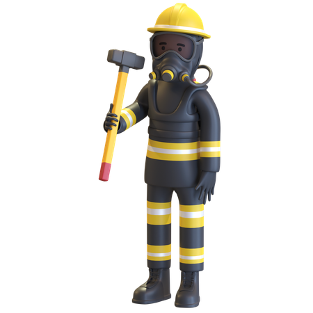 Protección completa del equipo de bombero sosteniendo un martillo  3D Icon