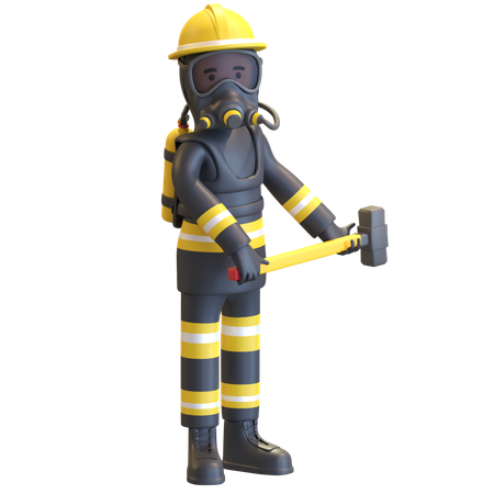 Protección completa del equipo de bombero sosteniendo un martillo  3D Icon